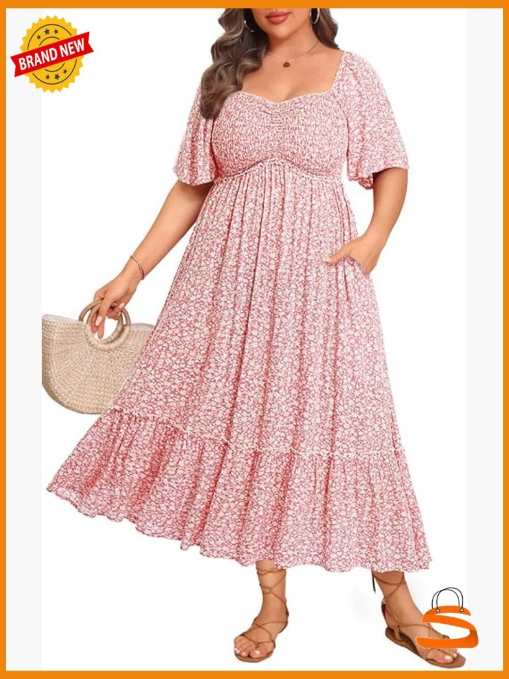 Plus Size Maxi Dress with Pockets - Ruffle Sleeve A-Line Maternity Wedding Guest